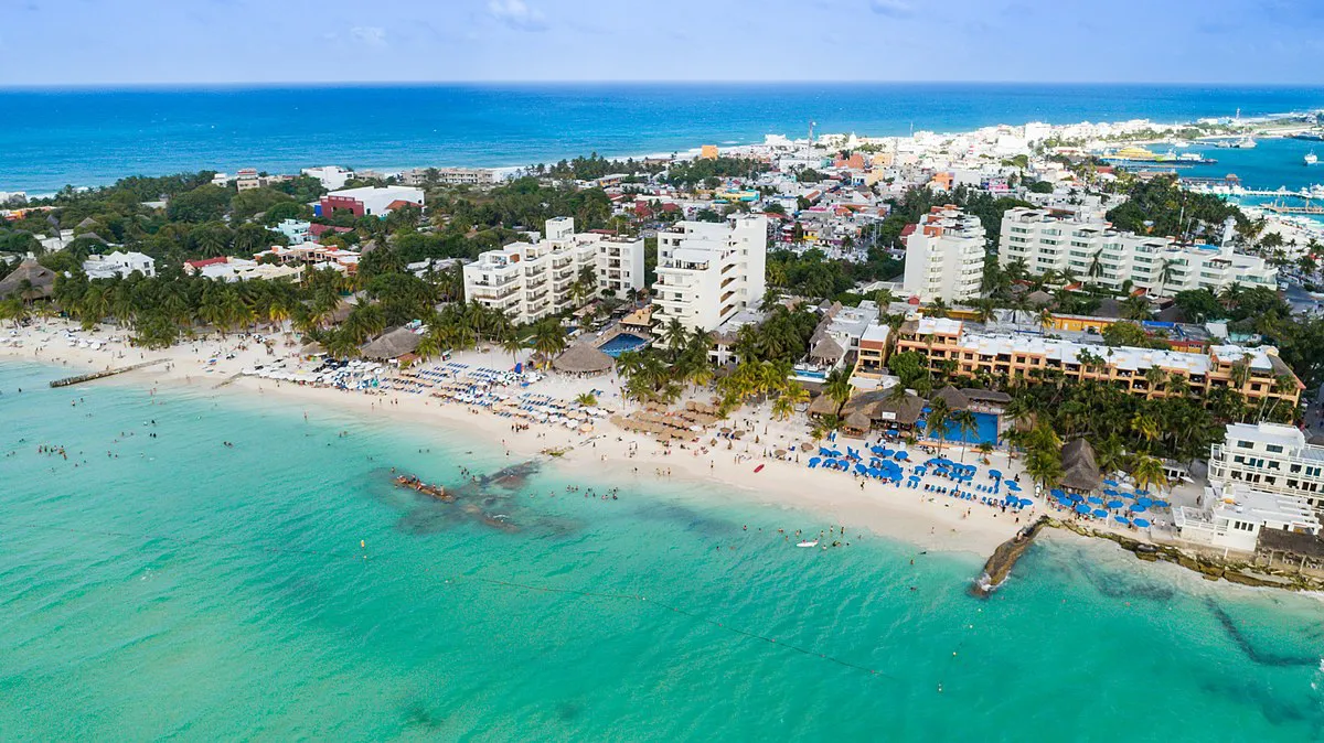 Sky view of Isla Mujeres Mexico, Playa Norte, Isla Mujeres beaches and Isla Mujeres hotels.